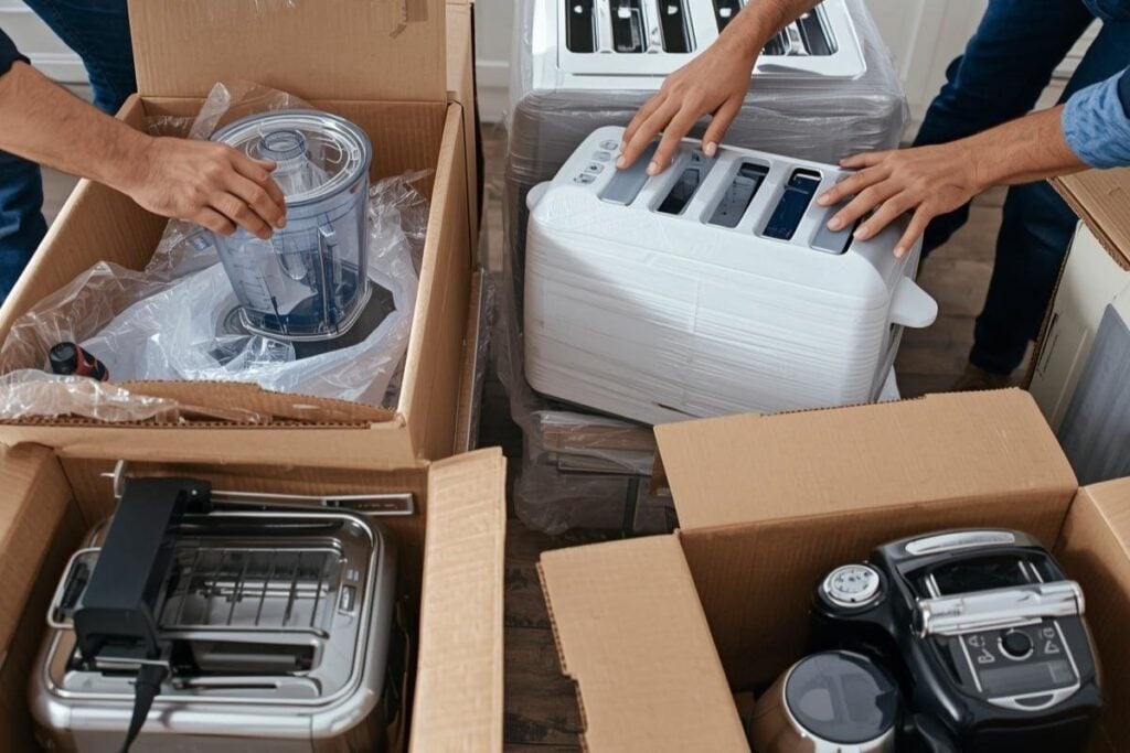 Kitchen appliances safely packed in cardboard boxes for moving.
