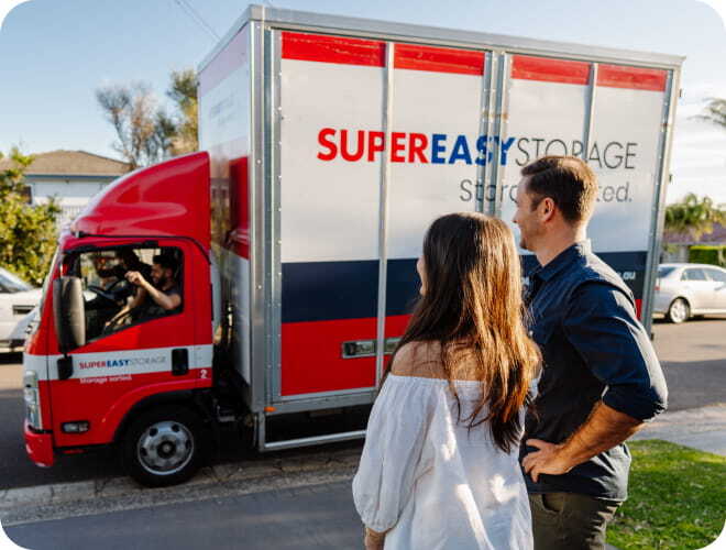 Mobile storage truck parked outside a home